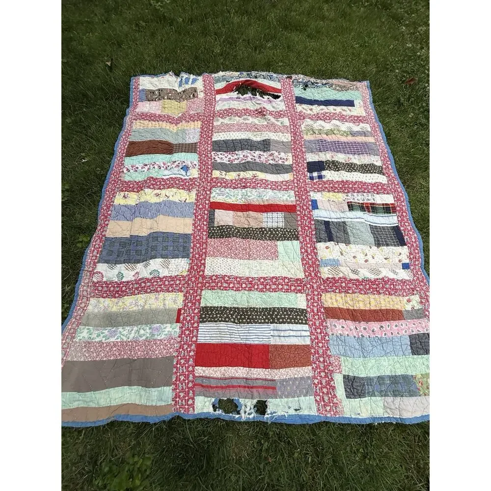 Antique Vtg 1920’s CRAZY QUILT Multi-Color Feed Sack Cowboys 78” **Needs Repair